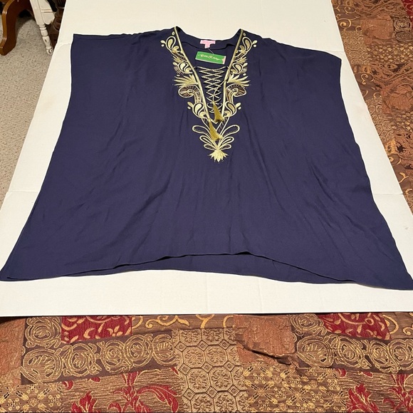 Lilly Pulitzer Womens‎ Small Blue Chai Caftan Dress True Gold Trim Coastal NEW - Picture 2 of 16